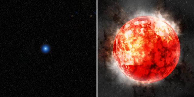 Figure 5: Artist's conception of   (left:) a single blue star and (right:) a red supergiant star.  A single blue star is considered to become a red supergiant before  a supernova explosion.&nbsp;Credit: Kavli IPMU/Aya  Tsuboi