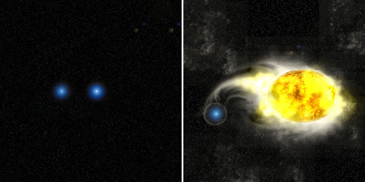 図4: ２つの青色星からなる連星系（左図）とその片側の星が進化、外層がはぎ取られて黄色超巨星となった連星系（右図）の想像図。Credit:  Kavli IPMU/Aya Tsuboi