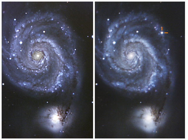 図1: M51銀河の超新星SN&nbsp;2011dhの爆発前（左図）および爆発後（右図）の観測写真。Credit: Conrad Jung