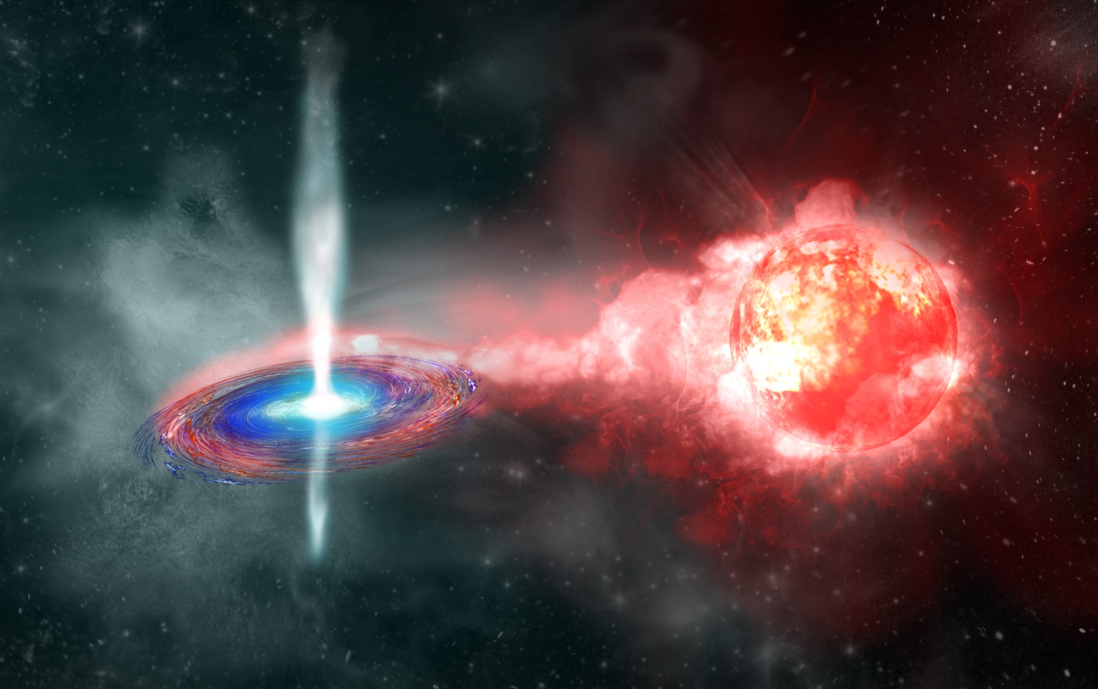 「宇宙の標準光源」として知られる、Ia型超新星の爆発直前の想像図。(Credit: Kavli IPMU)