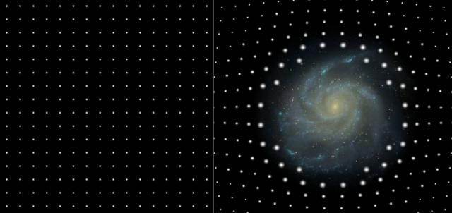 図1: 左の図は手前に何もない場合の遠方のクェーサーの見え方を表したもの、右の図は手前に銀河がある場合にその質量による重力レンズ効果を受けた遠方クェーサーの様子を表したもの。手前の銀河のより近くを通して見えるクェーサーは明るく見える。(Image credit: Joerg Colberg, Ryan Scranton, Robert Lupton, SDSS, http://www.sdss.org/news/releases/20050426.magnification.html&nbsp;)