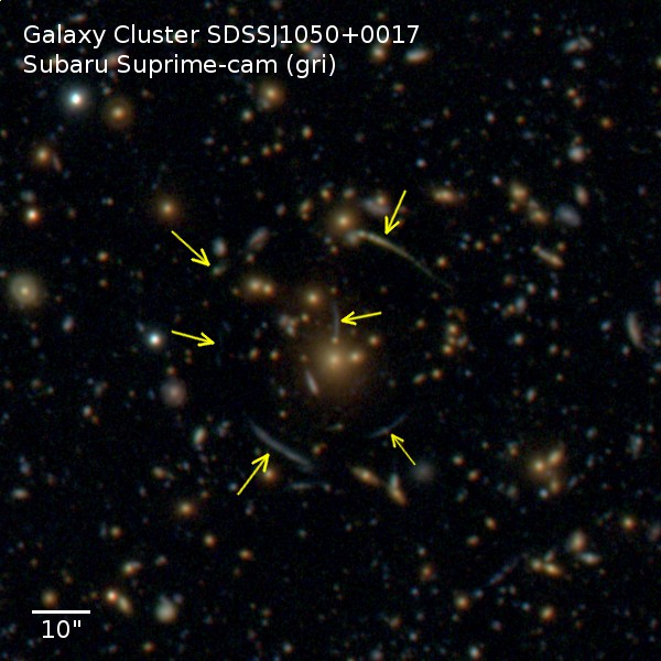 図１：解析に用いられた銀河団の一つ、SDSSJ1050+0017のすばる画像。矢印は強い重力レンズ効果をうけた銀河団背後の遠方銀河。(クレジット：国立天文台/カブリ数物連携宇宙研究機構)