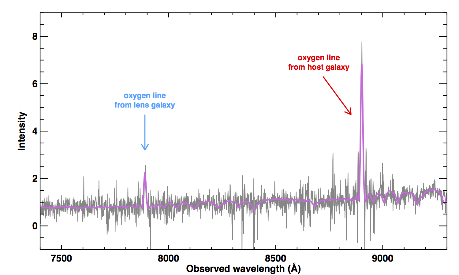 図2: Keck-I望遠鏡低解像度イメージング分光器を用いて観測した、超新星PS1-10afxが現れた領域の分光観測結果。超新星の属する銀河（赤矢印）と手前の銀河（青矢印）のそれぞれから放射される酸素の輝線が見られる。(クレジット: Kavli IPMU)    