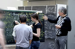 Researchers used temporal black boards at IPMU. These 12 boards were brought into the museum and consist of the exhibition.