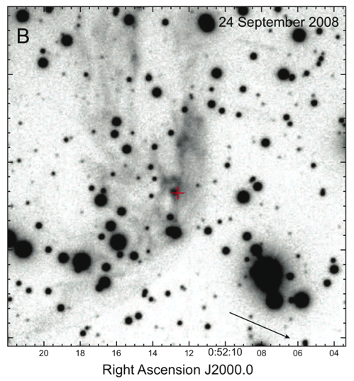 図1 すばる望遠鏡とFOCASで撮影観測された、可視光Rバンドの画像（黒い方が明るいことを示す）。中心部分に見える淡い光が、ティコからの可視の光の「こだま」と推測され、すばる望遠鏡で分光観測が行われました。