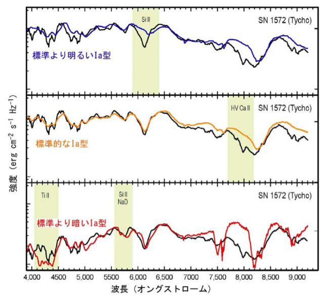 図3 すばる望遠鏡とFOCASで分光観測された、可視光の「こだま」のスペクトル（横軸は波長、縦軸は光の強さ）。黒い実線が超新星ティコのスペクトル。比較のために他の3種類のⅠa型超新星のスペクトルを青・橙・赤色で載せてています。橙色と黒色の2つのスペクトルが最もよく一致していることから、ティコは標準的なⅠa型超新星であったことが判明しました。