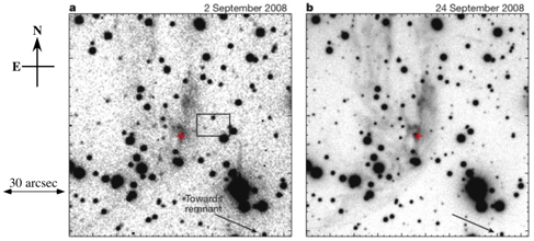 Figure1: (a) Optical R-band images of the Tycho&rsquo;s supernova light echo taken by Calar Alto 3.5m telescope (black means bright). The rectangle shown in a indicates the location of a previous light-echo detection in 2006. The vector towards Tycho&rsquo;s supernova remnant is indicated (arrow). (b) R-band images taken by FOCAS on Subaru Telescope. The optical spectrum was obtained at the position of the brightness peak marked for reference (red cross).