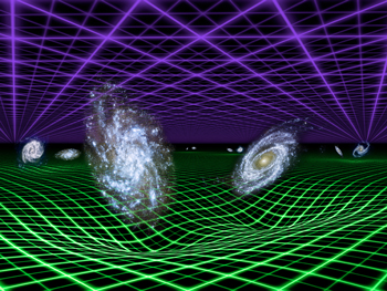 銀河に働く力の想像図。暗黒エネルギーを紫色、重力を緑色の桝目で表現してあります。(Credit:  NASA/JPL-Caltech)