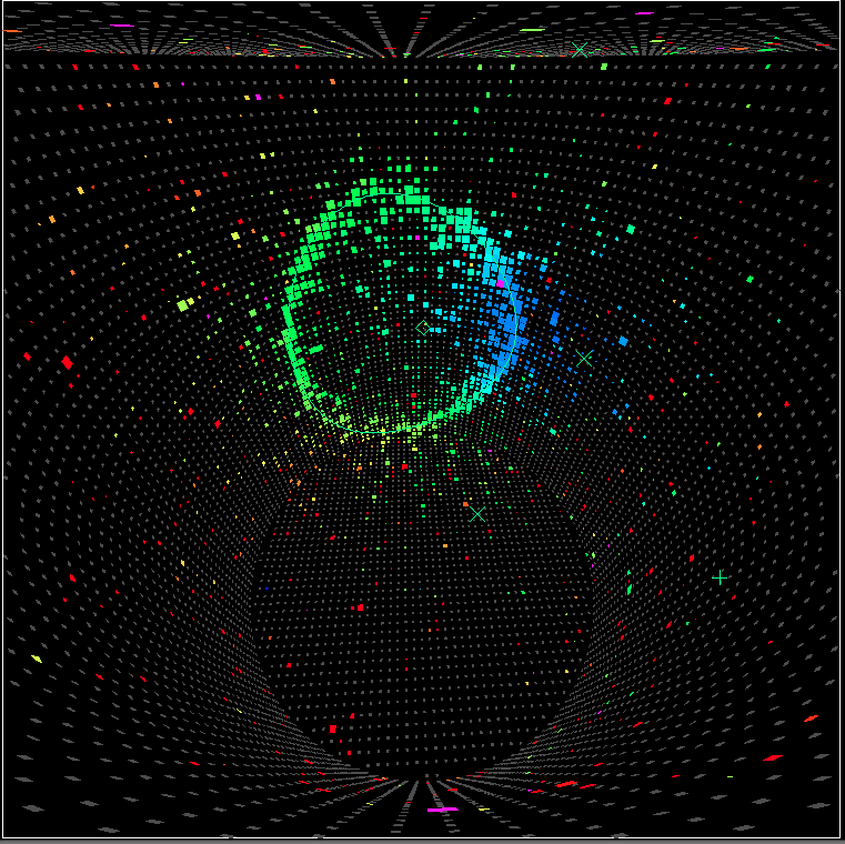 Fig. 4:&nbsp;An electron neutrino candidate event: In this 3D-image of cylinder-shaped Super-Kamiokande, each colored dot  shows a photomultiplier tube that  detected light. Electron neutrinos interact with water in the detector to produce electrons, which subsequently induce electromagnetic showers and eventually emit Cherenkov light, detected as a ring-shaped structure. This is the first candidate obtained after recovery from the 2011 great earthquake in the east coast of Japan.