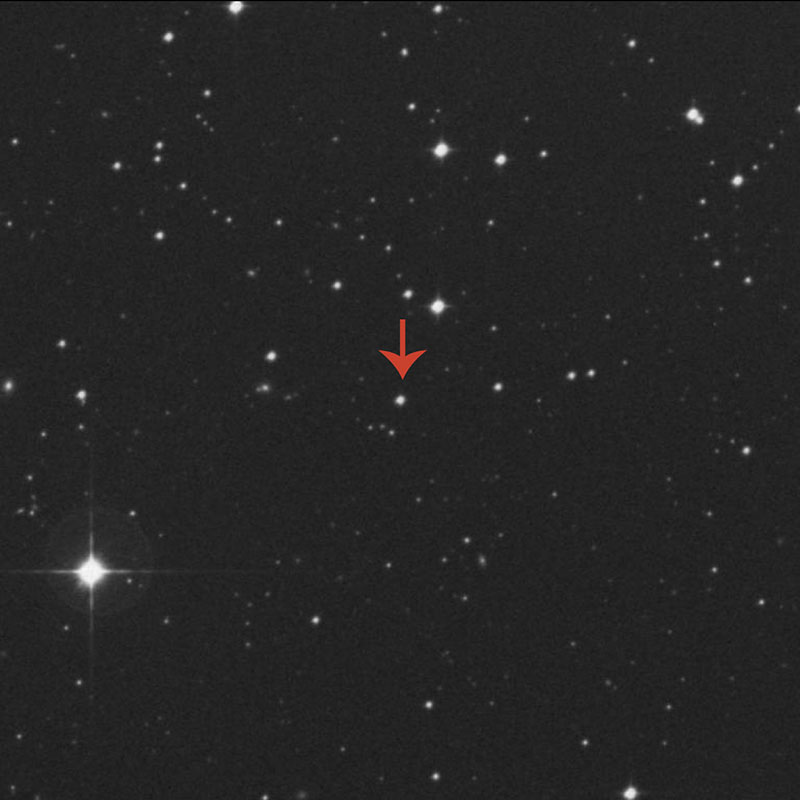 図1: オーストラリアにあるSkyMapper望遠鏡等によって、鉄の割合が極端に低いことがわかった星（SMSS J0313&minus;6708）の画像。（Image: 1989年にアングロ・オーストラリアン天文台 (AAO)の望遠鏡で撮影。CAI/Paris &ndash; provided by CDS image server, Aladin: Bonnarel F.,et al. Astron. Astrophys., Suppl. Ser., 143, 33-40 (2000)）