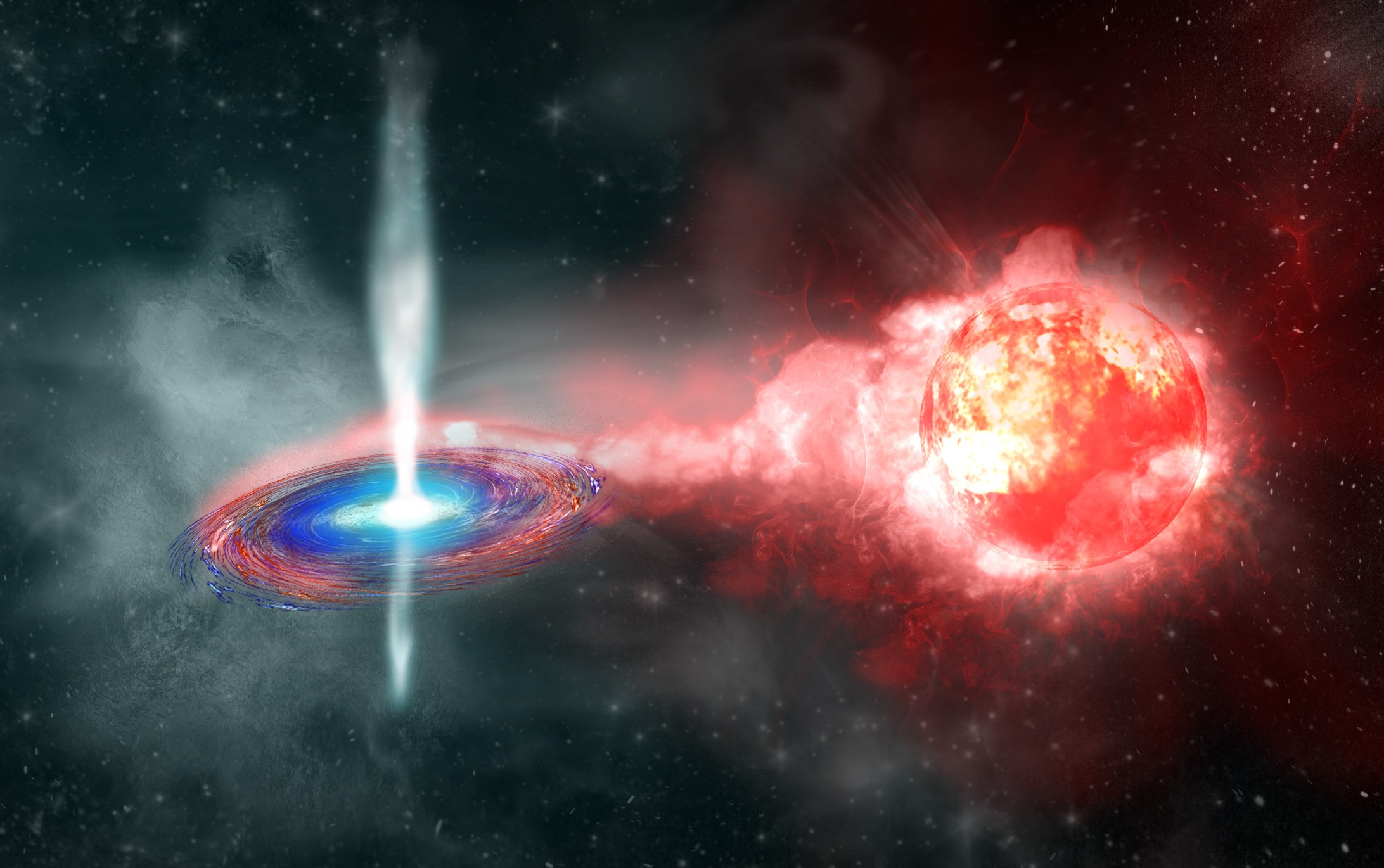 Artist's conception of TypeIa  Supernova progrnitor(Credit: Kavli  IPMU)