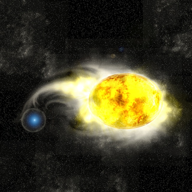 図4: 超新星SN 2011dh 爆発直前の状態、青色コンパクト星と黄色超巨星の連星系の想像図。Credit: Kavli IPMU/Aya Tsuboi