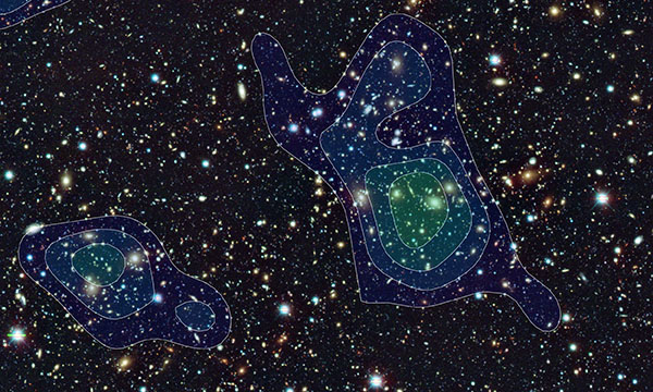 Figure 1. A 14 arc minute by 9.5 arc minute section of a Hyper Suprime-Cam image, with contour lines showing the dark matter distribution. (Credit: NAOJ/HSC Project)