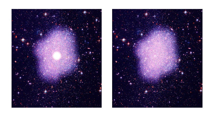 Figure 3. Artist's impression of dark matter distribution. Left image assumes conventional dark matter theories, where dark matter would be highly peaked in small area in galaxy center. Right image assumes SIMPs, where dark matter in galaxy would spread out from the center. (Original credit: NASA, STScI; Credit: Kavli IPMU - Kavli IPMU modified this figure based on the image credited by NASA, STScI)