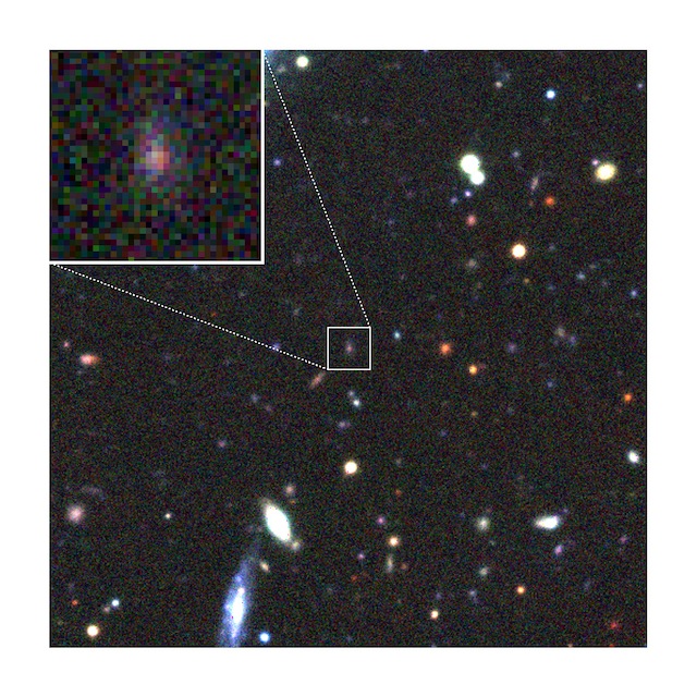 図1: 超新星PS1-10afxが現れた領域の超新星出現前のカナダ-フランス-ハワイ望遠鏡 (CFHT) による画像。四角の中心部に超新星が現れた。(クレジット: Kavli IPMU/CFHT)