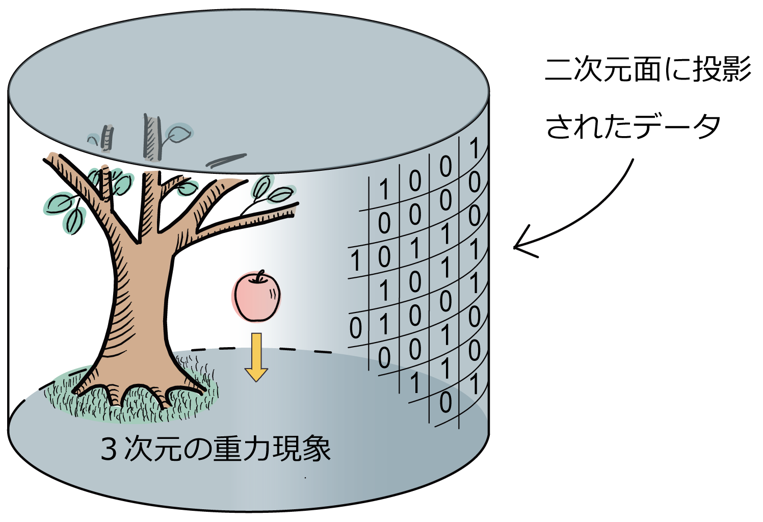 【図1】ホログラフィー原理の模式図: 一般相対性理論では、ある時空に含まれる情報は、その内部ではなく表面に蓄えられるとする原理。この原理を用いると、重力の量子化という難問を、空間の表面に住んでいる、重力を含まない別の理論としてより簡単に定式化することができる。 （credit: 大栗博司）