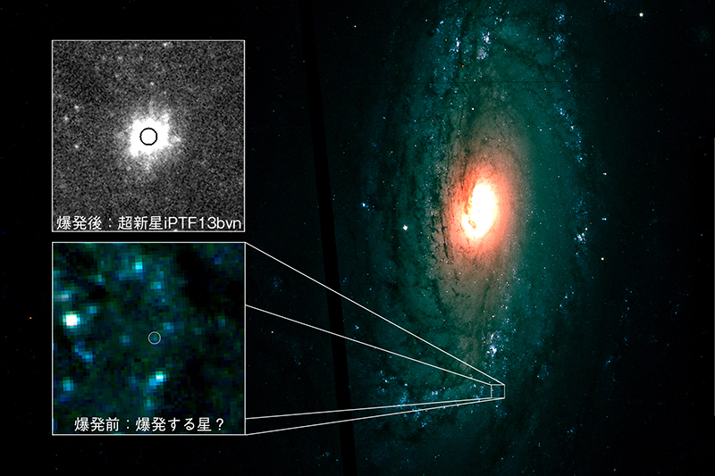 図 2:写真右は渦状銀河 NGC5806。写真左上は、その超新星  iPTF13bvn 爆発時、左下は、 iPTF13bvn 爆発前。(Image Credit: Iair Arcavi, Weizmann  Institute of Science, , PTF, NASA, W. M. Keck  Observatory)