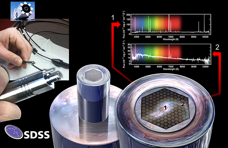 The new SDSS will measure spectra at multiple points in the same galaxy, using a newly created fiber bundle technology. The left-hand side shows the Sloan Foundation Telescope and a close-up of the tip of the fiber bundle. The bottom right illustrates how each fiber will observe a different section of each galaxy. The image (from the Hubble Space Telescope) shows one of the first galaxies that the new SDSS has measured. The top right shows data gathered by two fibers observing two different part of the galaxy, showing how the spectrum of the central regions differs dramatically from outer regions.
Image Credit: David Law, SDSS collaboration, and Dana Berry / SkyWorks Digital, Inc. 
Hubble Space Telescope image credit: (http://hubblesite.org/newscenter/archive/releases/2008/16/image/cg/): NASA, ESA, the Hubble Heritage (STScI/AURA)-ESA/Hubble Collaboration, and A. Evans (University of Virginia, Charlottesville/NRAO/Stony Brook University)