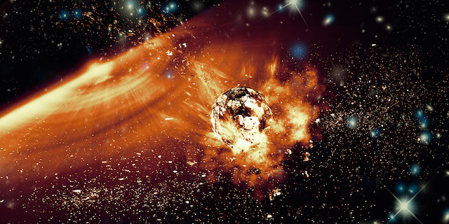 Figure 1: This artist&rsquo;s concept shows a large asteroid impact around NGC 2547-ID8, a 35-million-year-old sun-like star thought to be forming rocky planets. NASA's Spitzer Space Telescope witnessed a giant surge in dust around the star, likely the result of two asteroids colliding. Credit: Kavli&nbsp;IPMU