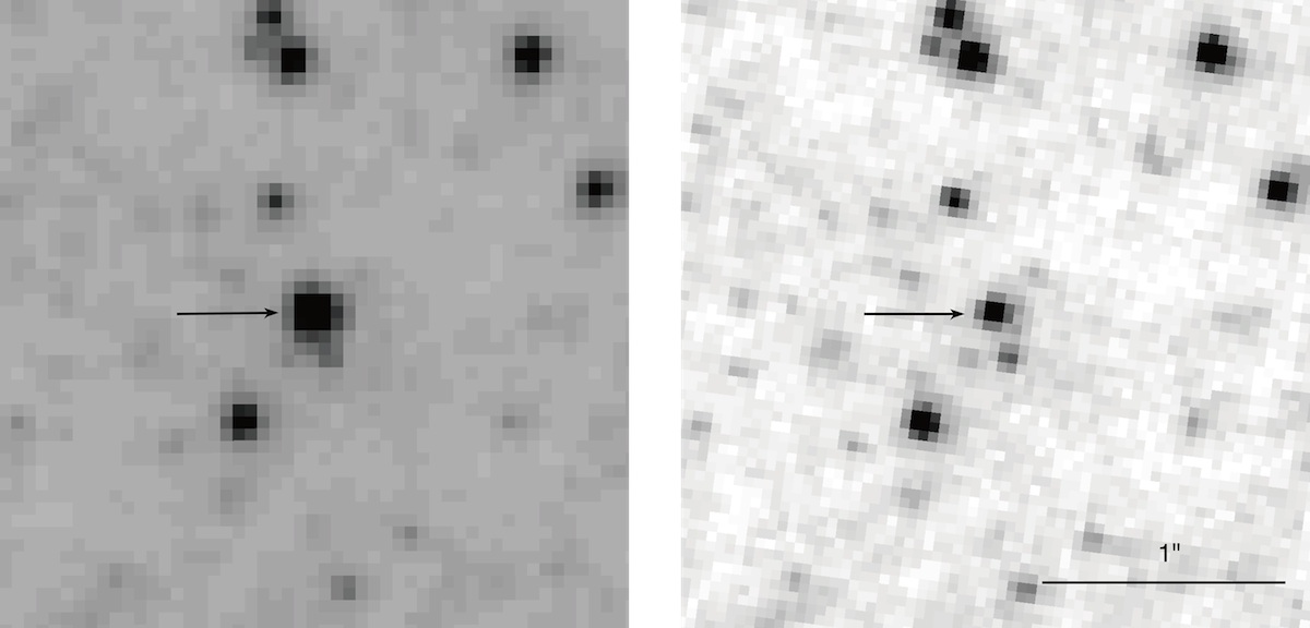 図3: ハッブル宇宙望遠鏡による、超新星SN2011dh出現前（左図）および、出現２年後（右図）の観測写真。２枚の写真を比較すると、超新星の場所は、爆発前に観測されていた黄色超巨星よりすでに暗くなっていること、すなわち、黄色超巨星が消失したことがわかる。この観測結果は、Astronomical Telegram #4850 としてSchuyler D. Van Dyk (IPAC/Caltech), Alexei V. Filippenko, Ori Fox, Patrick Kelly (UC Berkeley), and Nathan Smith (University of Arizona) により報告された。Image credit: Schuyler D. Van Dyk.