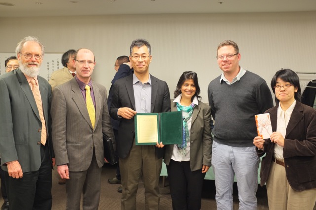 Picture with some of the Neutrino Beam Group members at the award ceremony. From left to right: John Martin from University of Toronto (Canada), Chris Densham from Rutherford Appleton Laboratory (UK), Takashi Kobayashi from KEK (Japan), Sampa Bhadra from York University (Canada), Mark Hartz from Kavli IPMU (Japan)/TRIUMF&nbsp;(Canada), and Atsuko Ichikawa from Kyoto University (Japan). 