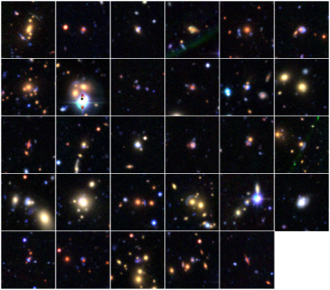 Figure 1: 29 gravitational lens candidates found through Space Warps (credit: Space Warps, Canada-France-Hawaii Telescope Legacy Survey)